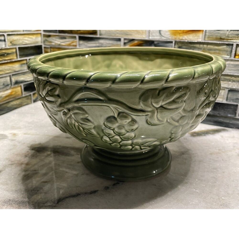 Vintage Hosley Pottery Potteries Planter 1930's Glazed Green Grape Vine Leaf